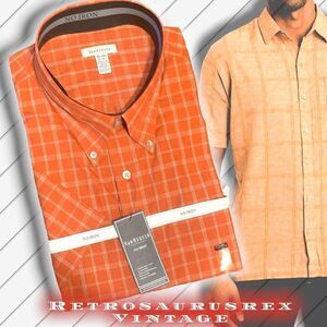 VAN Heusen Short Sleeve Orange Plaid Button Down Collared Shirt, 2XL